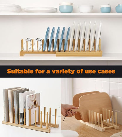 BusyePa Dish Rack, Flexible Bamboo Dish Drying Rack Pot Lid Plate Stand Holder Adjustable Vertical Organizer Storage for Kitchen Cabinet Dish, Pot Lid, Bowl, Cup