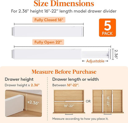 Lifewit 5 Pack Kitchen Drawer Dividers 2.36" High, 16"-22" Adjustable Drawer Organizer for Utensils/Clothes/Makeup, Plastic Expandable Separators in Dresser/Bedroom/Bathroom/Office Storage