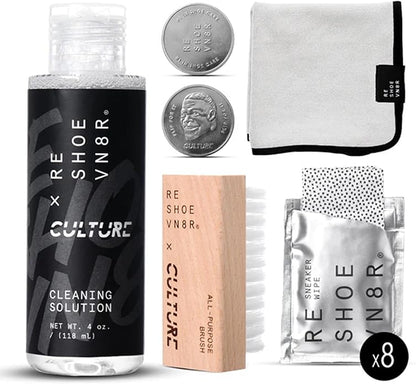 RESHOEVN8R x Culture Shoe Cleaning Kit with Collectible Coin - Sneaker Cleaner Set for Mesh, Canvas, Suede, Knit, Leather Shoes - 4oz Shoe Cleaner Solution, Brush, Sneaker Wipes, Microfiber Towel