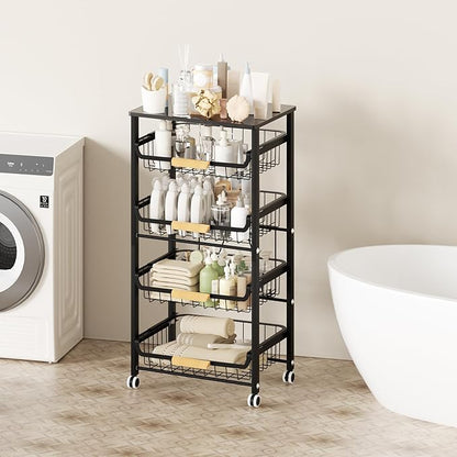 Fruit Vegetable Basket for Kitchen,5 Tier Pantry Organizer with Wheels,Snack cart with Wood Top,Metal Wire Storage Basket Organizer Baskets for Kitchen, Pantry, Bathroom