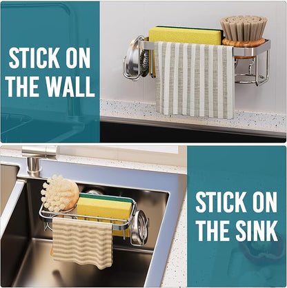 TAILI 4-in-1 Sponge Holder for Kitchen Sink with Strong Suction Cup Removable, Rustproof Aluminum Sink Caddy for Sponge, Brush, Scrubber, Scraper -Silver