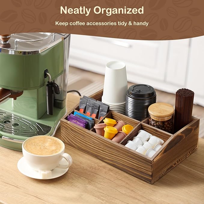Burnt Wood Coffee Station Organizer for Countertop, Coffee Bar Accessories and Organizer, Rustic Coffee Pod Holder Storage Basket for K Cup Sugar Tea