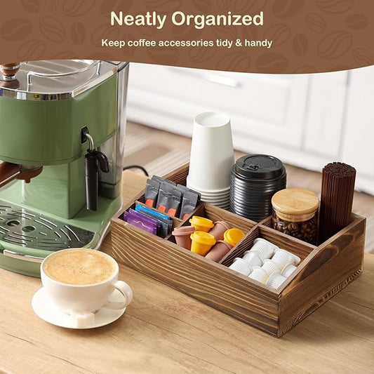 Burnt Wood Coffee Station Organizer for Countertop, Coffee Bar Accessories and Organizer, Rustic Coffee Pod Holder Storage Basket for K Cup Sugar Tea
