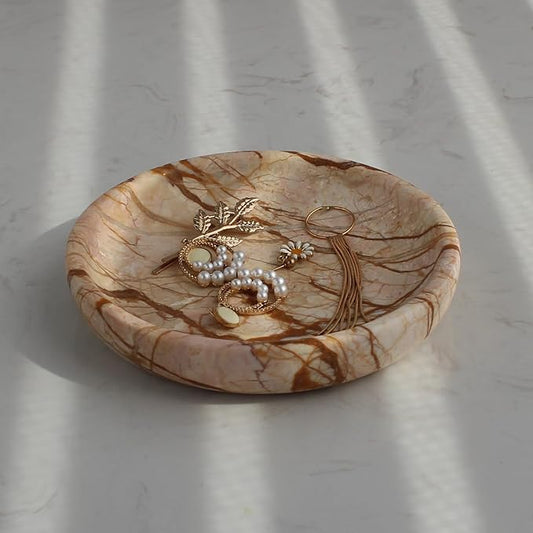 Nawgnail Natural Travertine Marble Jewelry Dish 5.5", Trinket Dish for Ring Earring, Gift for Woman Daugther(Pink Marble)