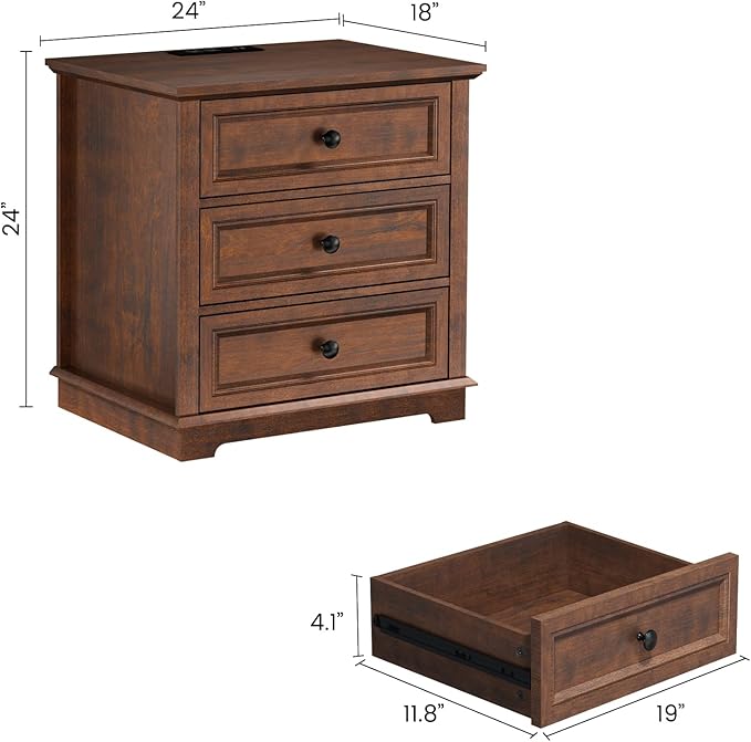 Nightstand with Charging Station Set, 24” Wide End Table with 3 Drawers Set of 2, Modern Bedside Table with Storage, Wood Small Dresser for Bedroom Room (Cherry)