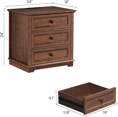Nightstand with Charging Station Set, 24” Wide End Table with 3 Drawers Set of 2, Modern Bedside Table with Storage, Wood Small Dresser for Bedroom Room (Cherry)