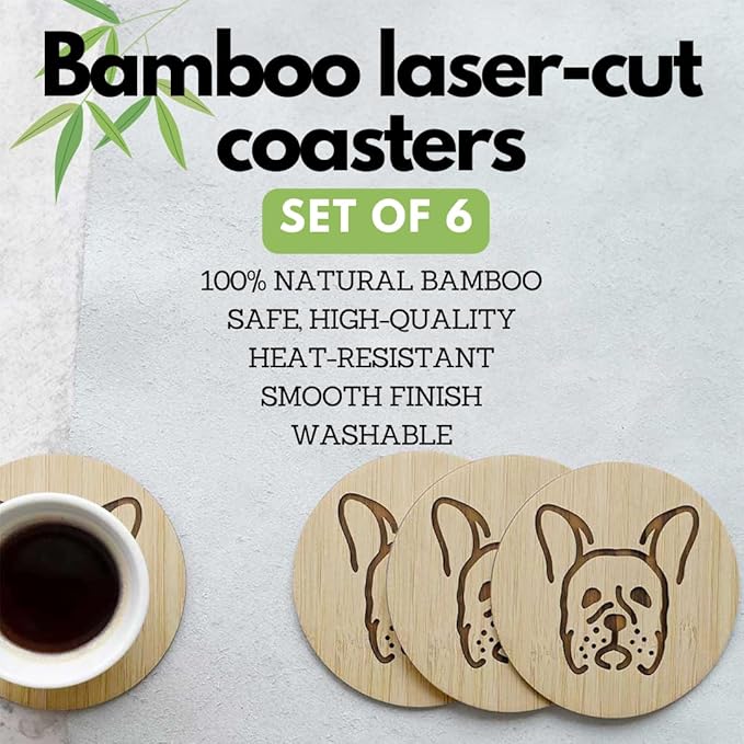 Set of 6 Bamboo Laser-Engraved Fun Dog Coasters with Iron Holder - Gift Packaging 3.9 Inch Non-Stick Absorbent Durable and Unbreakable Wooden Cup Coasters for Dog Lovers (French Bulldog)