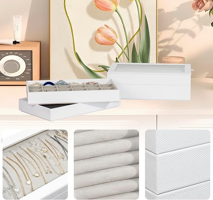 Stackable Jewelry Tray with Glass Lid,Jewelry Organizers for Drawer Insert,Jewelry Organizers and Storage for Rings Earring Necklace Watch Bracelet,White,4 Layers