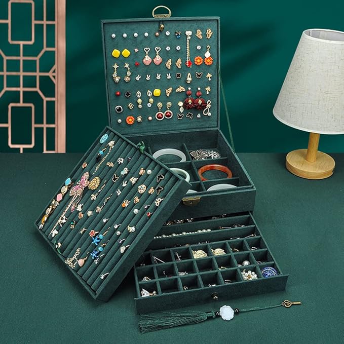 Jewelry Organizer 5 Layers Velvet Square Jewelry Box Women Necklace Ear studs Display Bangles Large Jewelry Storage Case Drawer GY306 (blackish green)