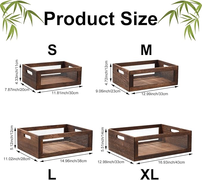 4 Pcs Wooden Nesting Countertop Baskets 4 Size Wooden Storage Box with Handle and Metal Wire Multipurpose Wood Organizer Crate for Fruit Vegetable Kitchen Cabinet Bathroom (Dark Brown,Big)