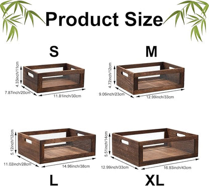 4 Pcs Wooden Nesting Countertop Baskets 4 Size Wooden Storage Box with Handle and Metal Wire Multipurpose Wood Organizer Crate for Fruit Vegetable Kitchen Cabinet Bathroom (Dark Brown,Big)