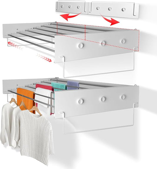 Laundry drying rack wall mount(28-INCH White), a wall mount clothes drying rack solution with reinforced metal frame, easy installation in tight spaces and foldable; drying rack clothing wall mounted.