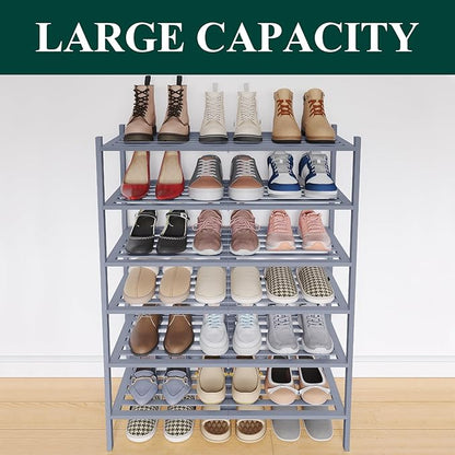 Smiry Bamboo Shoe Rack 6-Tier, Stackable Wooden Shoe Organizer for Entryway & Closet, Free Standing Wood Shoe Storage Shelf for Front Door & Small Spaces, Grey