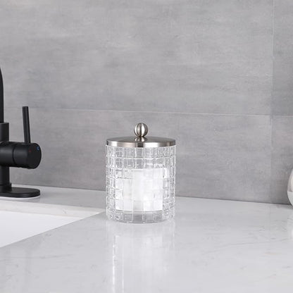Indecor Home Clear transparent Apothecary Etched Geometric Grid Glass Jar W/Satin Nickel Metal Lid Cover for Bathroom Organization, Cotton Balls, Q Tips, and Small Accessories, Bathroom Storage