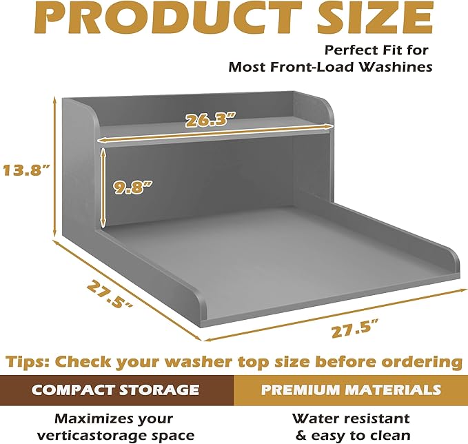 Royxen Washer Dryer Countertop with Shelf,2-Tier Laundry Countertop for Single Washer and Dryer,Soild Wood Core Washer Dryer Topper for Laundry Room Organization (Grey)