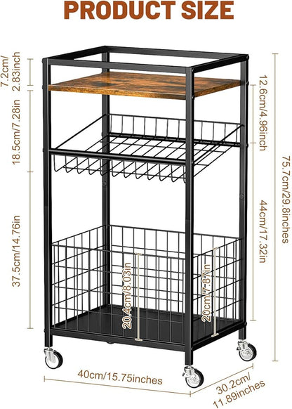 Fruit Vegetable Cart, 3-Tier Snack Kitchen Cart on Wheels & Wood Top, Utility Shelf Rack Organizer for Fruit, Vegetables, Potato, Snack, Brown