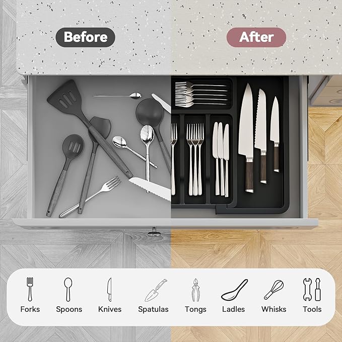 Silverware Organizer, Expandable and Adjustable Kitchen Utensil Drawer Organizer, Plastic Cutlery Holder with Multiple Compartments, Cutlery Holder,for Spoons Forks Knives, Black, UAFD011B