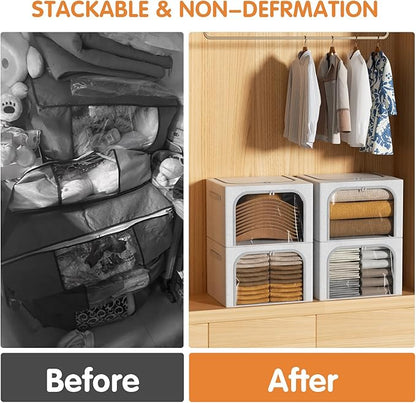 Large Size 66L 3 Pack Openings Clothes Storage Bins with Metal Frame, Stackable & Foldable Linen Storage Box with Lids, Closet Organizers, Blanket, Sweater, Baby Clothes (19.7x 15.75 x 13 Inches)