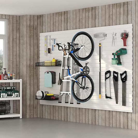 Slatwall Panel Wall Storage Systems, 4x8 ft Slat Wall Paneling Garage Wall Organizer with Five Hooks, Heavy Duty Wall Mounted PVC Wall Rack, White