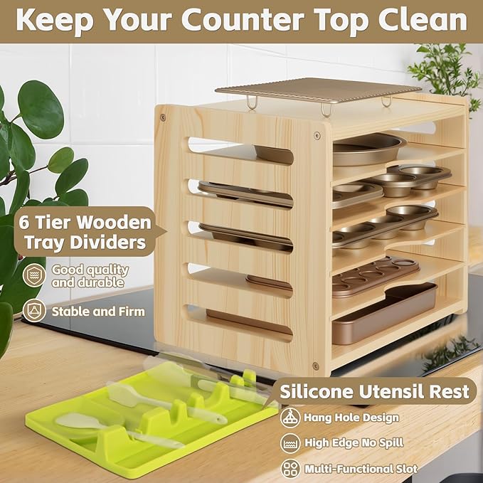 6 Tier Wooden Cabinet Tray Dividers for Baking Trays, Pans & Cutting Boards - 16.61" W x12.4 D x14.09 H Vertical Cookie Sheet Organizer, Spoon Rest, Utensil Holder, Kitchen for Pots Pans Storage