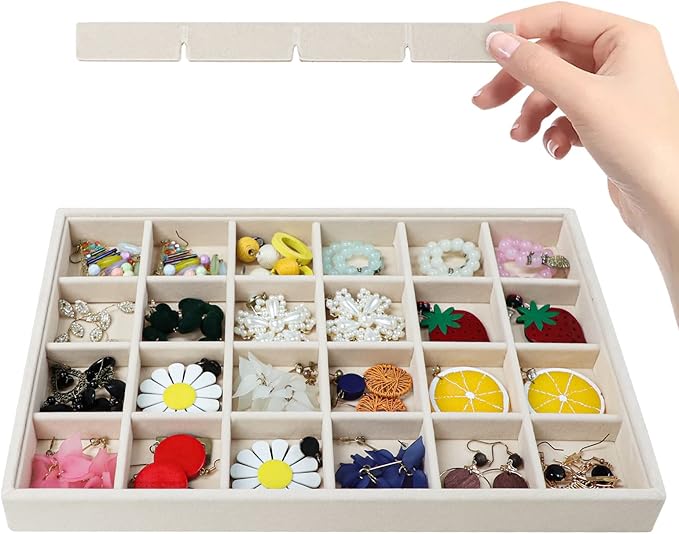 Stratalife Jewelry Organizer 24 Grid Drawer Organizer Jewelry Tray Stackable Jewelry Organizer for Drawer Earrings Storage Necklace Ring Bracelet Holder (Beige)