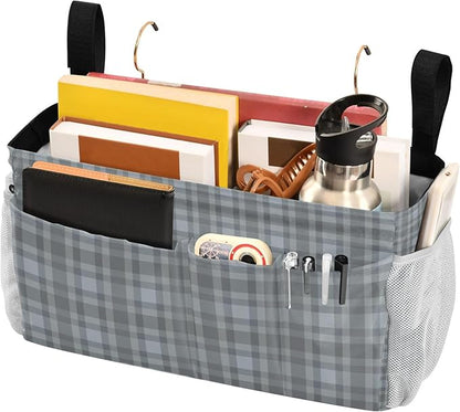 CuwrYet Bedside Caddy Hanging Bunk Bed Caddy Bed Organizer Hanging Pocket with 2 Hooks Bedside Storage Organizer Pocket Bag Holder Grey Plaid
