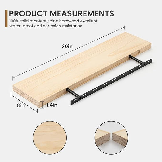 Fun Memories 30 Inch Floating Shelves for Wall, Deep Rustic Solid Wood Floating Shelves for Storage - Farmhouse Wall Mounted with Heavy-Duty Metal Bracket, 30" W x 8" D, Set of 2,Unfinished for DIY