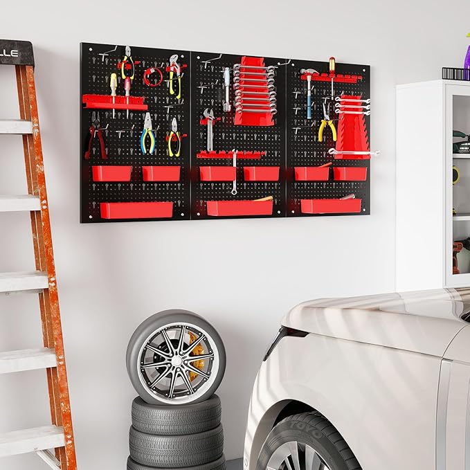 Tool Pegboard Organizer, 4 FT Metal Pegboard Wall with Hooks, Storage Bins & Tool Holders, Peg Board Kit Garage Storage System for Workbench Shed, Craft Room & Workshop (Black+Red)