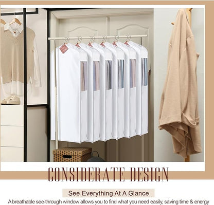2 Set 60in Long Cotton Garment Bags, 6in Wide Gusset Hanging Storage Clothes with 8 Cedar Blocks, Transparent Mesh Window, Breathable Closet Bags for Fur Coat Suit Sweater Dress, White
