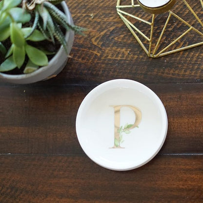Cedar and Ink Ring Dish with Personalized P in Gold Foil & Greenery, Monogrammed Jewelry Dish, Accessories & Wedding Ring Holder, Dressing Table Tray