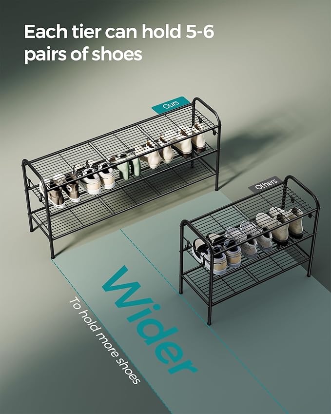 SONGMICS Shoe Rack, 3-Tier Shoe Organizer, Metal Shoe Shelf Storage with 4 Side Hooks, Holds 18 Pairs of Shoes, Height-Adjustable Shoe Rack for Entryway, Hallway, Closet, Ink Black ULMR131B01
