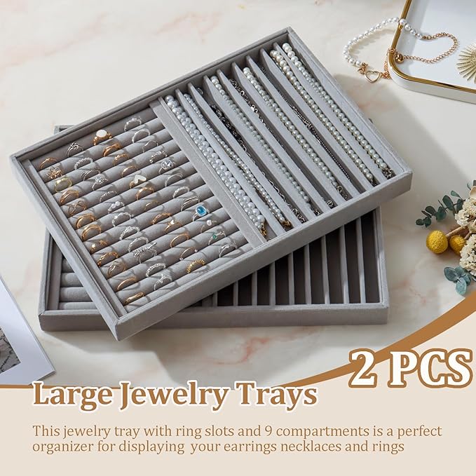 KATISYIO Large Velvet Jewelry Tray 2 Pack Stackable Jewelry Display Drawer Inserts Trays Organizer for Earring Bracelet Necklace Ring (Gray, Ring and 9 Grids)