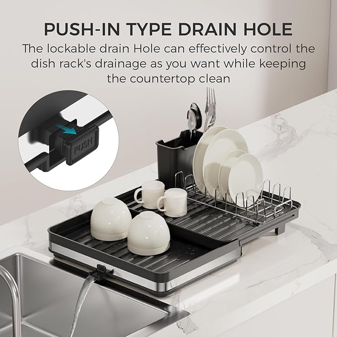 Sineng Expandable Dish Drying Rack,Stainless Steel Foldable Dish Rack with Cutlery Holder,Multifunctional Compact countertop Dish Drainer,Space Saving extendable Big Capacity Dish Holder
