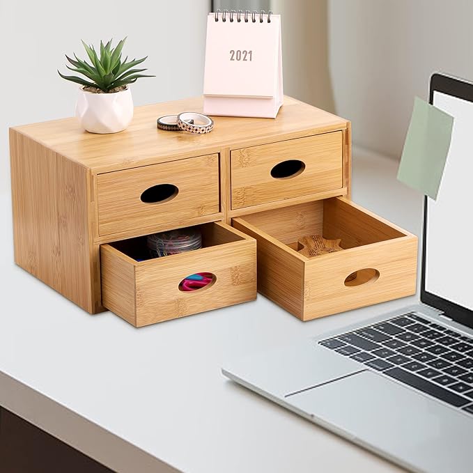 ZOOFOX Bamboo Desk Organizer, 100% Natural Bamboo Tabletop Storage Box with 4 Drawers, Night Stand Table Organizer, Wooden Desktop Drawer Organizer for Makeup Vanity Office Supplies