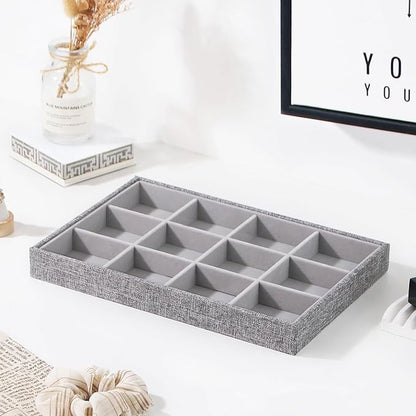 Stackable Jewelry Organizer Tray For Drawers,White Leather Small Earring Storage Tray,Bracelet And Necklace Display Box,Jewelry Ring Display Case (Gray 12 Grids)