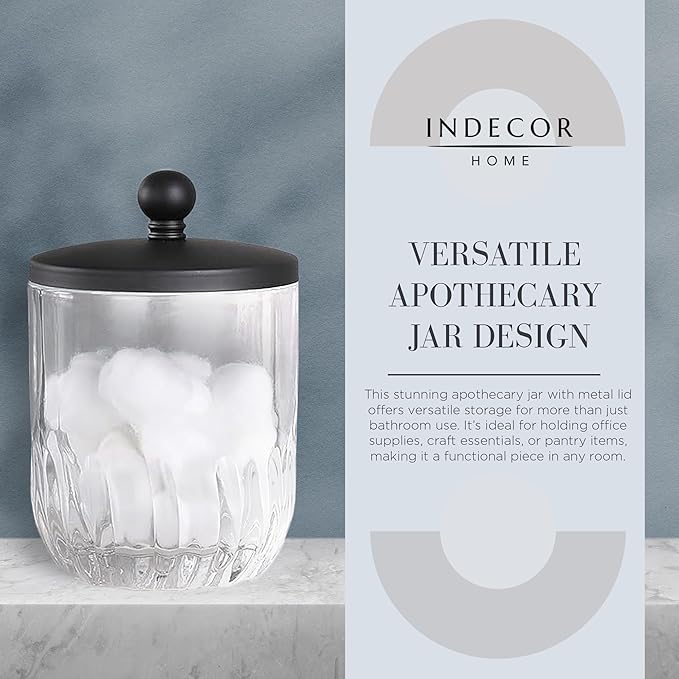 Indecor Home Glass Jar with Metal Lid for Bathroom Organization, Clear Apothecary Jar for Cotton Balls, Q Tips, and Small Accessories, Stylish Bathroom Storage Container Black