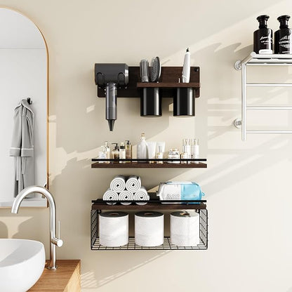 RoleDes Bathroom Floating Shelves Wall Mounted Set of 3, Bathroom Wall Shelf with Blow Dryer Holder & Hair Tool Organizer, Above Toilet Floating Shelves, Modern Farmhouse