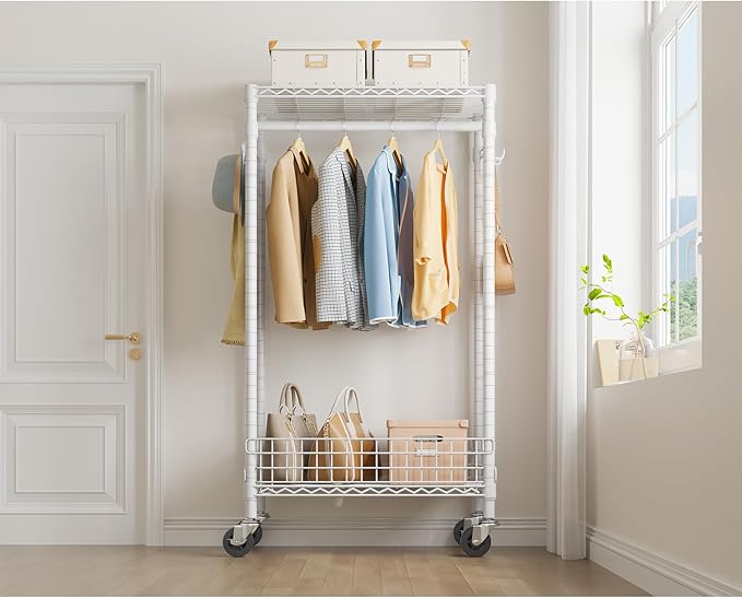 VIPEK R1 Rolling Clothes Rack with Pegboard Organizer Portable Closet for Hanging Clothes with Lockable Wheels & Removable Basket, Compact Clothing Rack for Small Spaces Apartments/Bedroom, White
