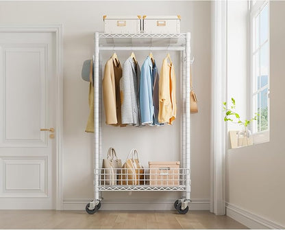 VIPEK R1 Rolling Clothes Rack with Pegboard Organizer Portable Closet for Hanging Clothes with Lockable Wheels & Removable Basket, Compact Clothing Rack for Small Spaces Apartments/Bedroom, White