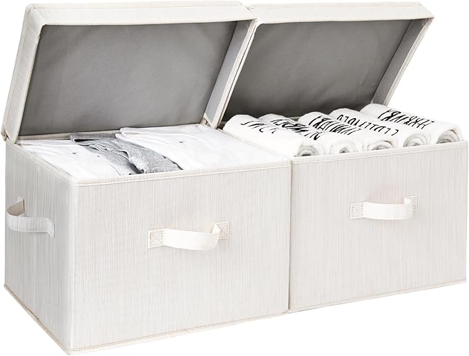 StorageWorks Fabric Storage Bins with Lid, Decorative Storage Boxes for Shelves, Stackable Closet Organizer Basket with Handles, Large, Mixing of Beige, White & Ivory, 2-Pack
