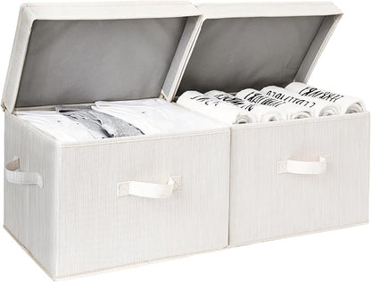 StorageWorks Fabric Storage Bins with Lid, Decorative Storage Boxes for Shelves, Stackable Closet Organizer Basket with Handles, Large, Mixing of Beige, White & Ivory, 2-Pack
