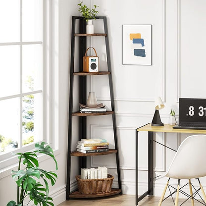 Tribesigns 5 Tier Corner Bookshelf and Bookcase, 70 inch Tall Corner Shelves Standing Shelving Unit Indoor Plant Stand for Living Room, Kitchen, Home Office (Brown)