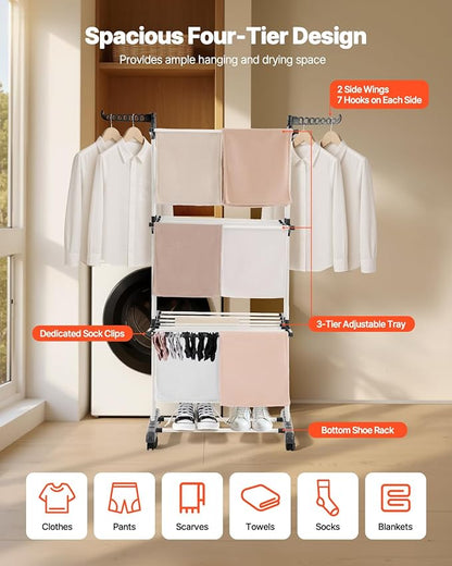 VEVOR Clothes Drying Rack, 4-Tier Foldable Laundry Dryer Rack, Metal Drying Racks with 24 Drying Rods, Free-Standing and Portable Hanger with 4 Castors and Two Side Wings for Outdoor & Indoor Use