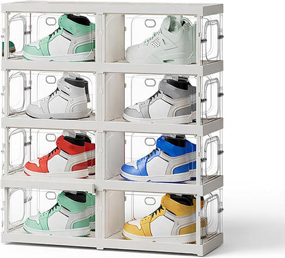 RILBOX X-Large Sturdy Foldable Shoe Rack Sneaker Container Clear Plastic Stackable Space Saving Shoe Storage Boxes Organizers Bin Holder with Lids for Entryway, Closet 4 Tier - 27.6" W Hold 8 Pairs