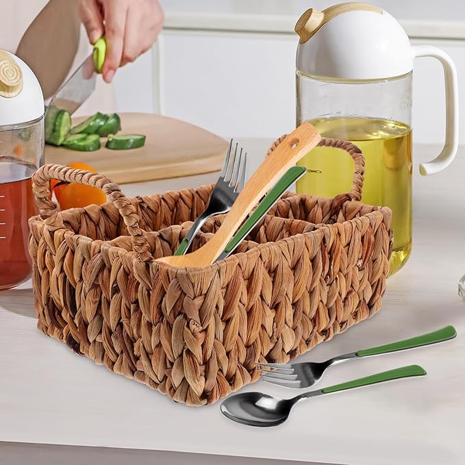 Hyacinth Woven Storage Basket for Cutlery Organization Rustic Tableware Holder for Home Kitchen and Picnics Versatile Sundries Basket with Compartments