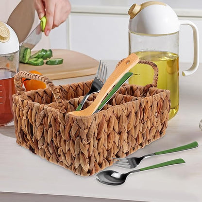 Hyacinth Woven Storage Basket for Cutlery Organization Rustic Tableware Holder for Home Kitchen and Picnics Versatile Sundries Basket with Compartments