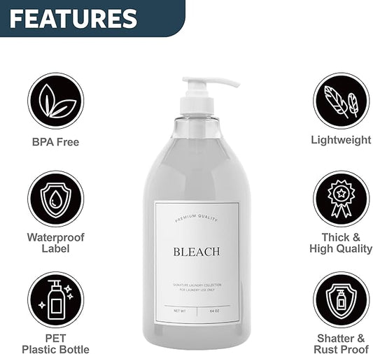 Calindiana Modern Farmhouse Bleach Liquid Laundry Detergent Dispenser for Laundry Room Decor and Organization, PET Plastic Landry Soap Containers with Water Resistant Label, Clear 64oz