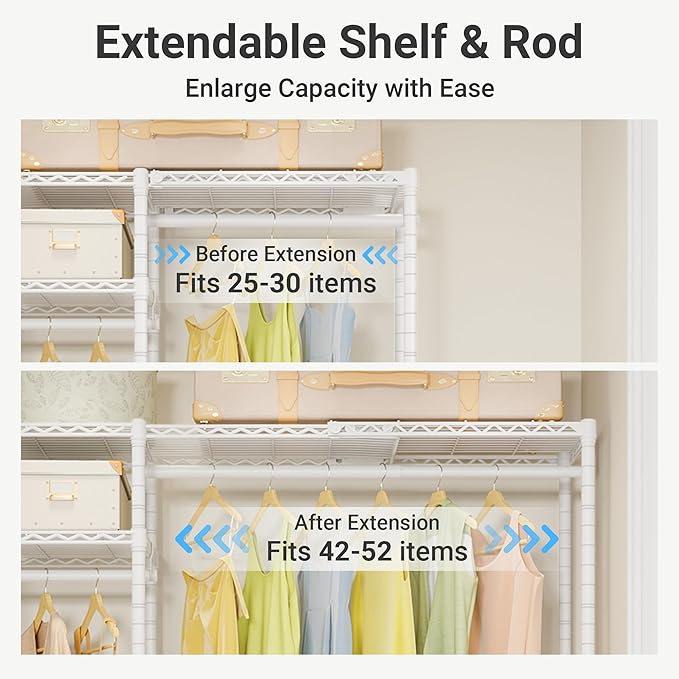 VIPEK X20 Expandable Metal Clothing Rack Adjustable from 3'3" to 4'8" Heavy Duty Garment Racks with Adjustable Shelves and Hanger Rods Portable Wardrobe Open Closet Rack System, White