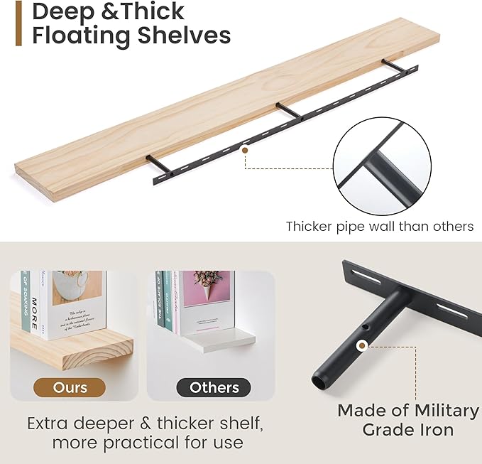 Fun Memories Floating Shelves 72 Inches Long - 8 Inch Deep Rustic Solid Wood for Storage - Farmhouse Wall Mounted for Living Room - Heavy-Duty Metal Bracket - 72" W x 8" D - Natural Unfinished for DIY