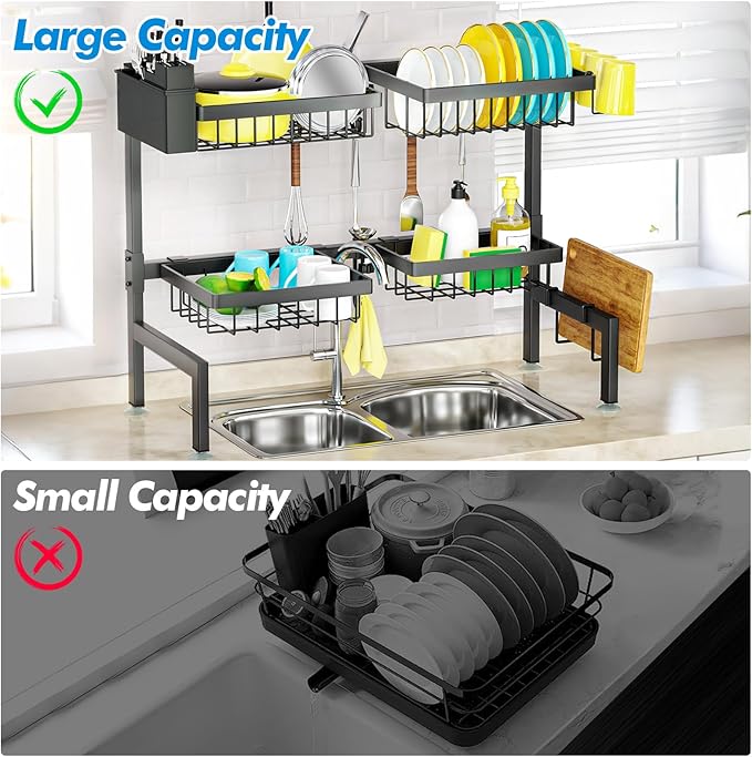 SNSLXH [2-Tier 4 Baskets Over The Sink Dish Drying Rack, 26.57"-35", Large Sink Rack for Kitchen, Extensible and Adjustable, Saving Kitchen Space